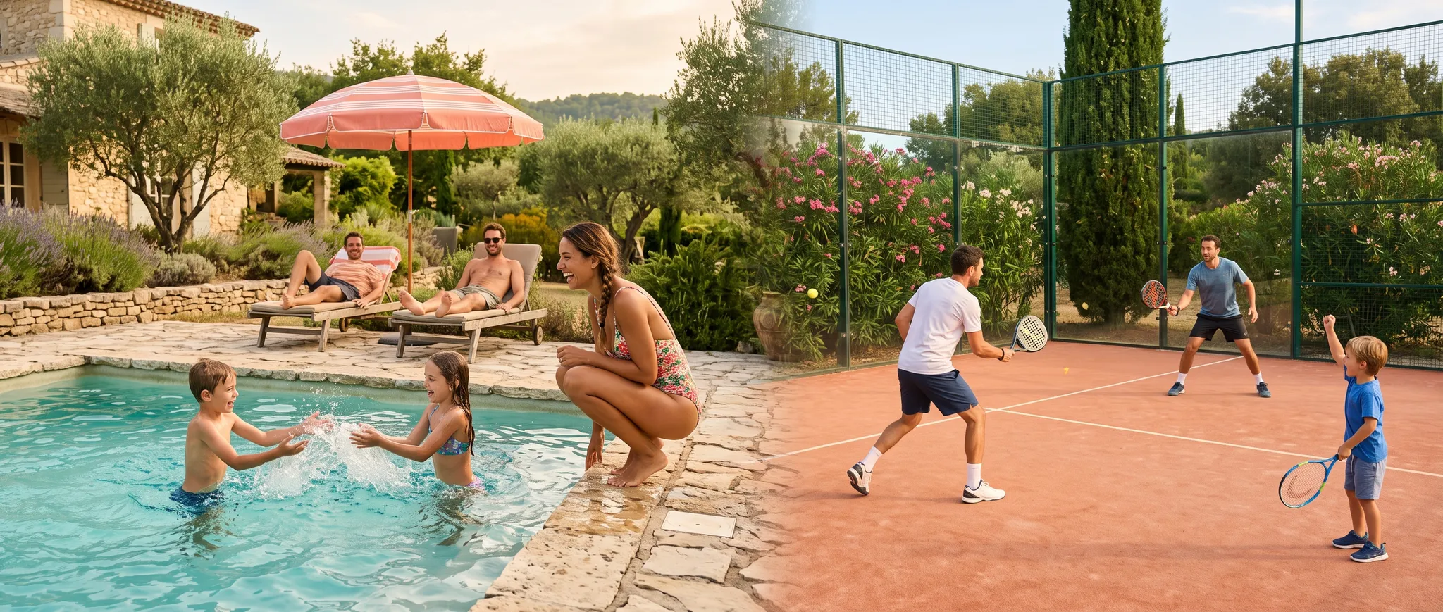 Une famille profite d'une piscine privée, des amis jouent sur un terrain de padel